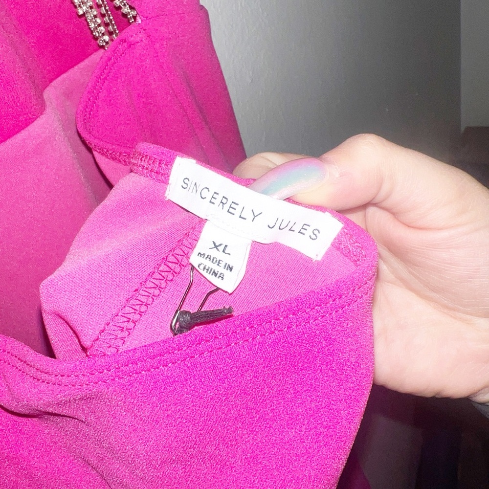 Sincerely Jules hot pink glitter fringe open back high neck mini dress - Picture 8 of 13